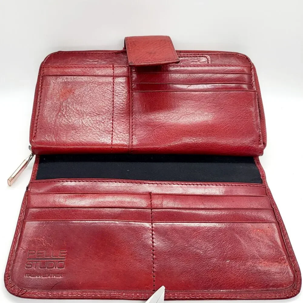Vintage Pelle Studio Red Genuine Italian Leather Large Zip Around Closure Wallet